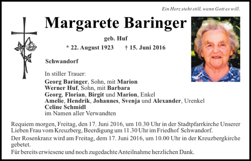  Traueranzeige für Margarete Baringer vom 16.06.2016 aus Mittelbayerische Zeitung Schwandorf