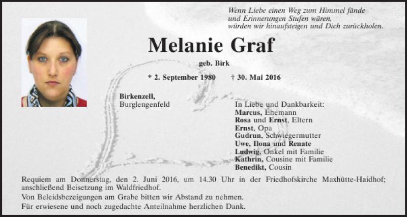  Traueranzeige für Melanie Graf vom 01.06.2016 aus Mittelbayerische Zeitung Schwandorf