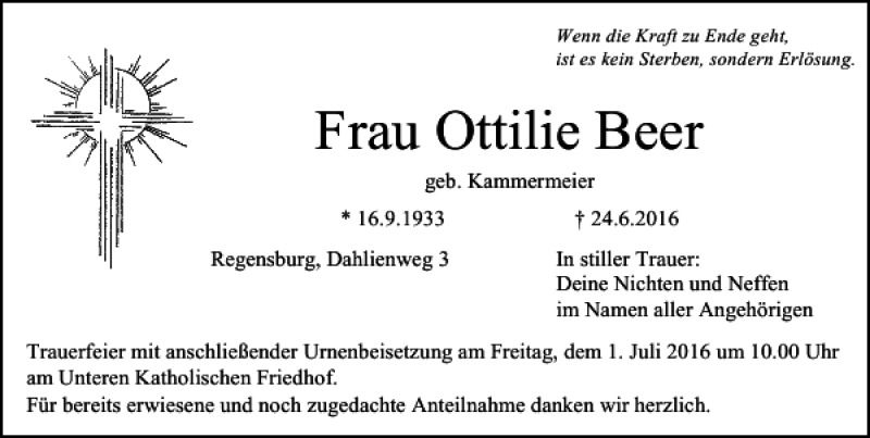  Traueranzeige für Ottilie Beer vom 29.06.2016 aus Mittelbayerische Zeitung Regensburg