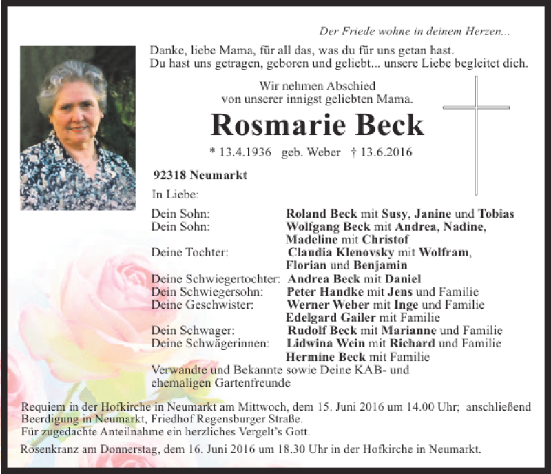 Traueranzeigen von Rosmarie Beck | Mittelbayerische Trauer