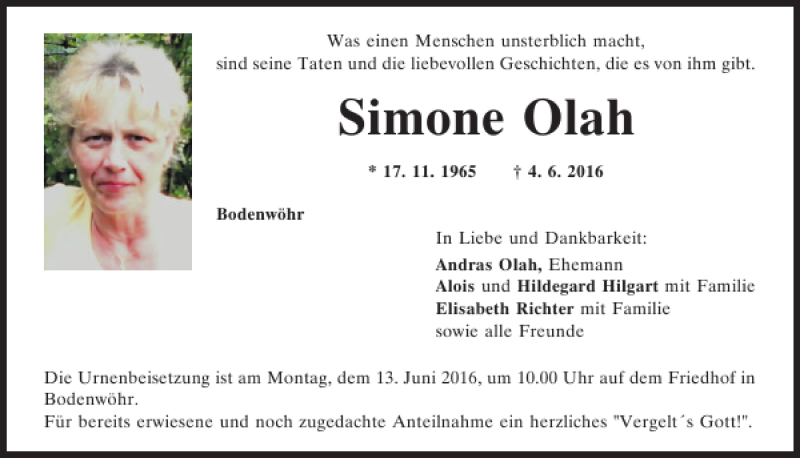  Traueranzeige für Simone Olah vom 11.06.2016 aus Mittelbayerische Zeitung Schwandorf