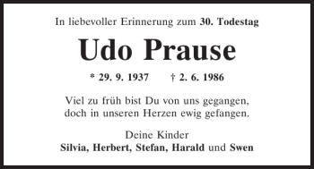 Traueranzeige von Udo Prause von Mittelbayerische Zeitung Schwandorf