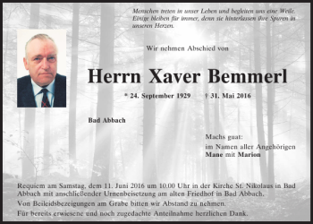 Traueranzeige von Xaver Bemmerl von Mittelbayerische Zeitung Kelheim