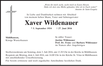 Traueranzeige von Xaver Wildenauer von Mittelbayerische Zeitung Kelheim