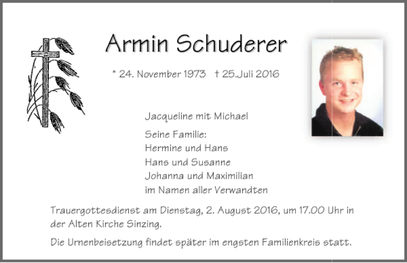  Traueranzeige für Armin Schuderer vom 30.07.2016 aus Mittelbayerische Zeitung Regensburg
