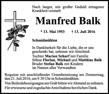 Traueranzeige von Manfred Balk von Mittelbayerische Zeitung Schwandorf