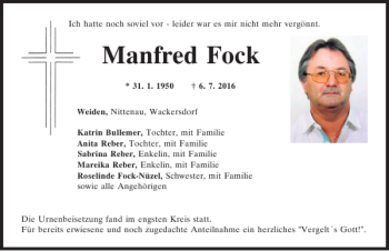 Traueranzeige von Manfred Fock von Mittelbayerische Zeitung Schwandorf