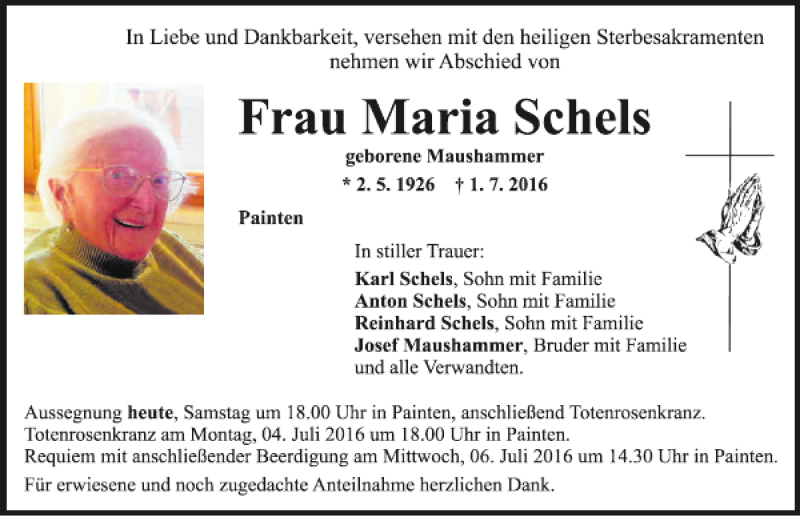  Traueranzeige für Maria Schels vom 02.07.2016 aus Mittelbayerische Zeitung Kelheim