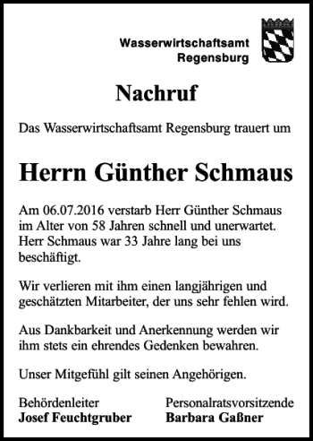 Traueranzeige von Nachruf Günther Schmaus von Mittelbayerische Zeitung Gesamtausgabe