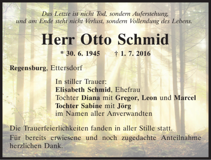  Traueranzeige für Otto Schmid vom 09.07.2016 aus Mittelbayerische Zeitung Regensburg