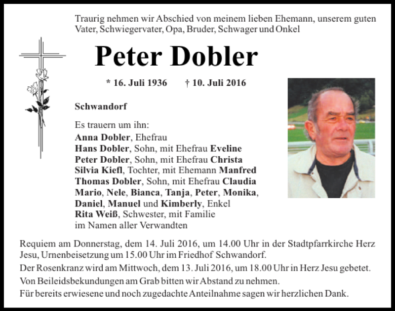  Traueranzeige für Peter Dobler vom 12.07.2016 aus Mittelbayerische Zeitung Schwandorf
