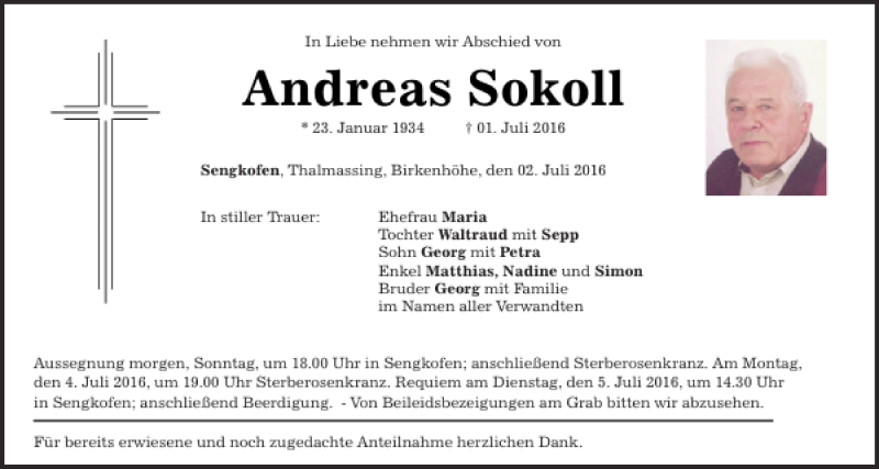  Traueranzeige für Sengkofen Andreas Sokoll vom 02.07.2016 aus Mittelbayerische Zeitung Regensburg