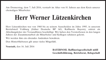 Traueranzeige von Werner Lützenkirchen von Mittelbayerische Zeitung Kelheim