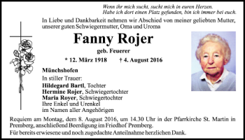 Traueranzeige von Fanny Rojer von Mittelbayerische Zeitung Schwandorf