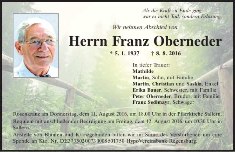  Traueranzeige für Franz Oberneder vom 10.08.2016 aus Mittelbayerische Zeitung Regensburg