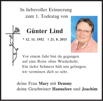 Traueranzeige von Günter Lind von Mittelbayerische Zeitung Regensburg