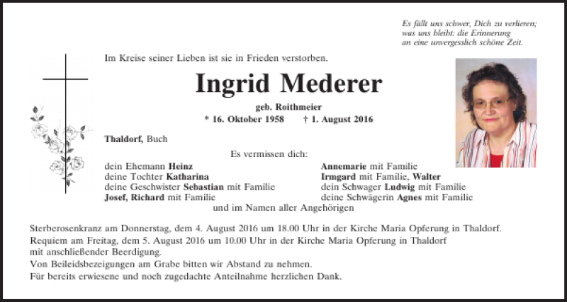  Traueranzeige für Ingrid Mederer vom 03.08.2016 aus Mittelbayerische Zeitung Kelheim