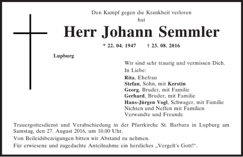  Traueranzeige für Johann Semmler vom 26.08.2016 aus Neumarkter Tagblatt