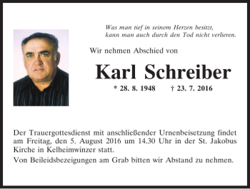 Traueranzeige von Karl Schreiber von Mittelbayerische Zeitung Kelheim