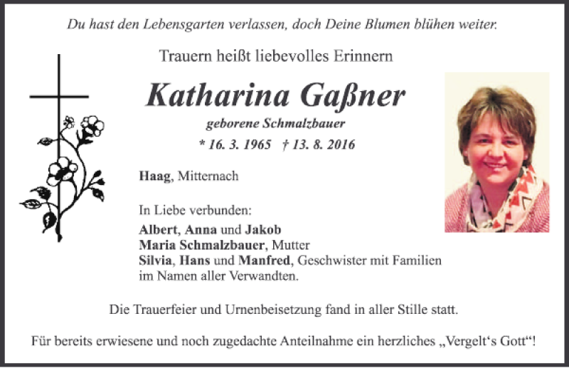  Traueranzeige für Katharina Gaßner vom 27.08.2016 aus Mittelbayerische Zeitung Regensburg