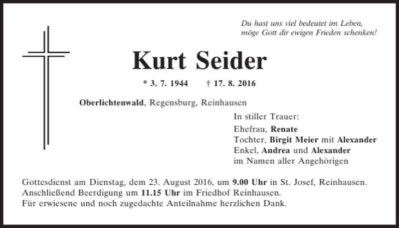  Traueranzeige für Kurt Seider vom 20.08.2016 aus Mittelbayerische Zeitung Regensburg