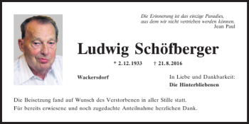 Traueranzeige von Ludwig Schöfberger von Mittelbayerische Zeitung Schwandorf
