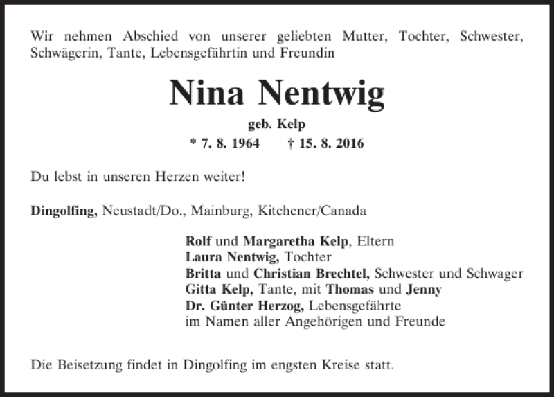 Traueranzeige für Nina Nentwig vom 18.08.2016 aus Mittelbayerische Zeitung Kelheim