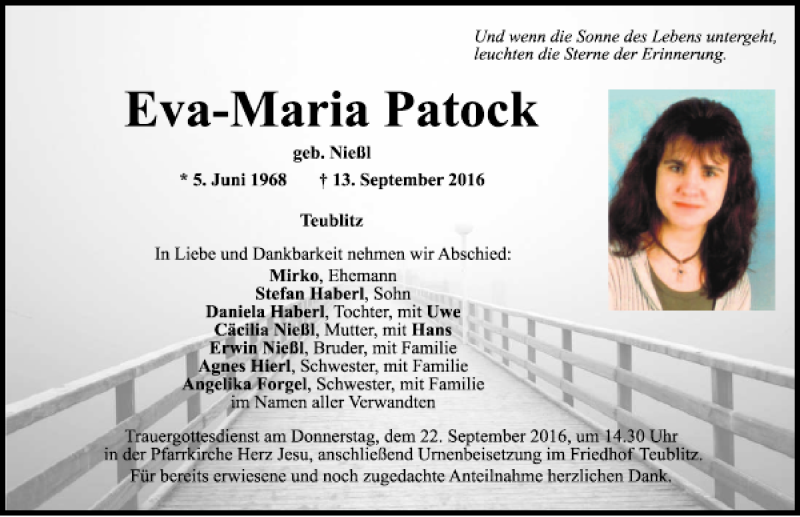  Traueranzeige für Eva-Maria Patock vom 17.09.2016 aus Mittelbayerische Zeitung Schwandorf