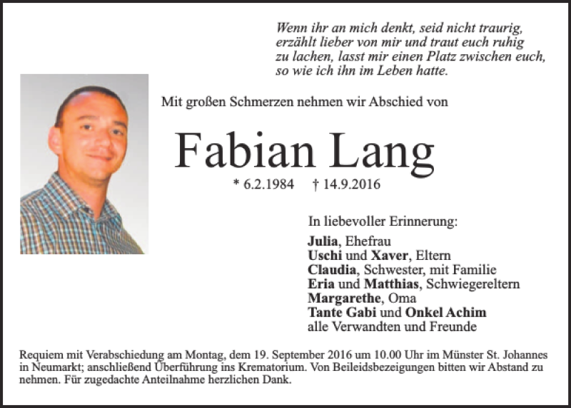  Traueranzeige für Fabian Lang vom 17.09.2016 aus Neumarkter Tagblatt