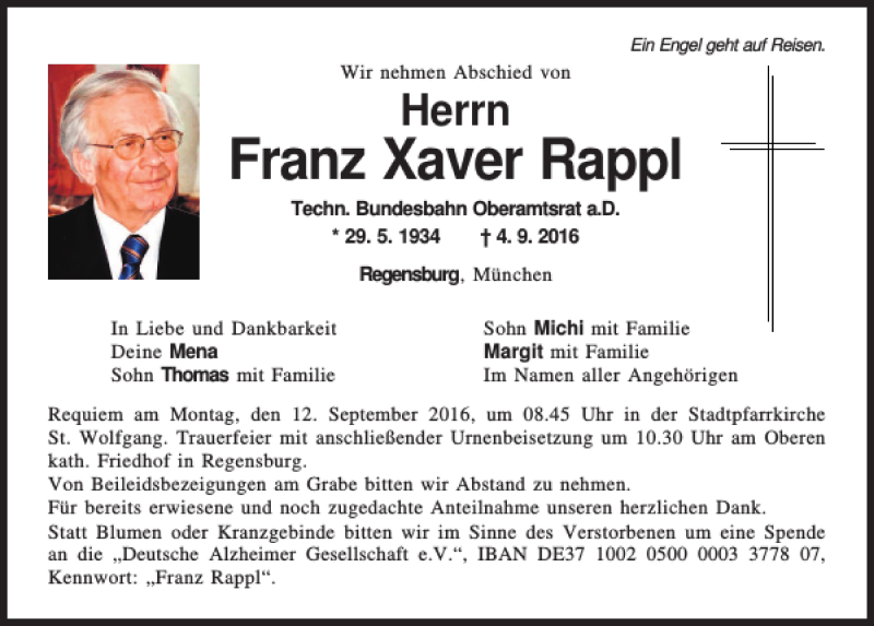  Traueranzeige für Franz Xaver Rappl vom 10.09.2016 aus Mittelbayerische Zeitung Regensburg