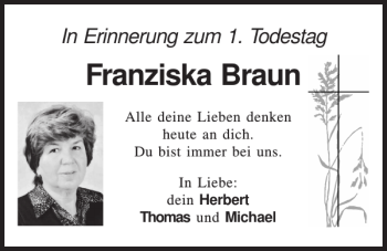 Traueranzeige von Franziska Braun von Mittelbayerische Zeitung Kelheim
