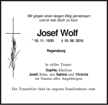 Traueranzeige von Josef Wolf von Mittelbayerische Zeitung Regensburg