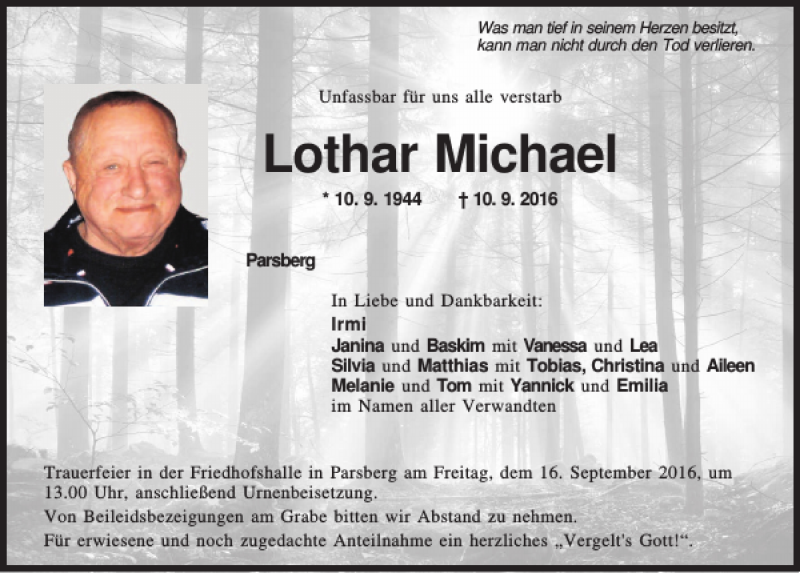  Traueranzeige für Lothar Michael vom 14.09.2016 aus Neumarkter Tagblatt