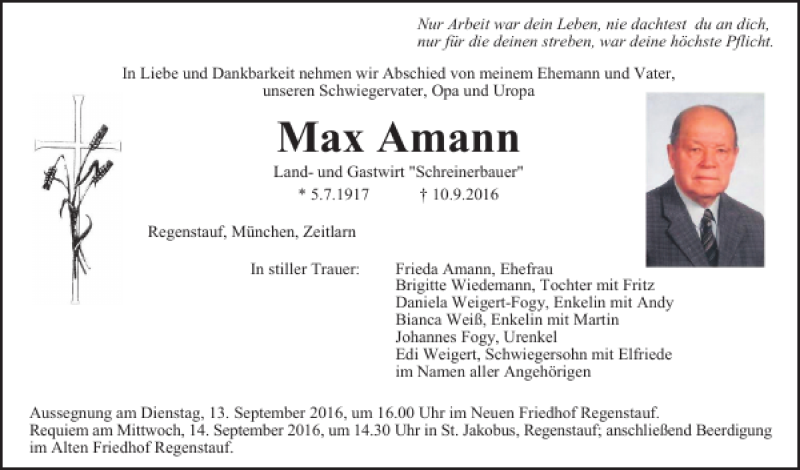  Traueranzeige für Max Amann vom 12.09.2016 aus Mittelbayerische Zeitung Schwandorf