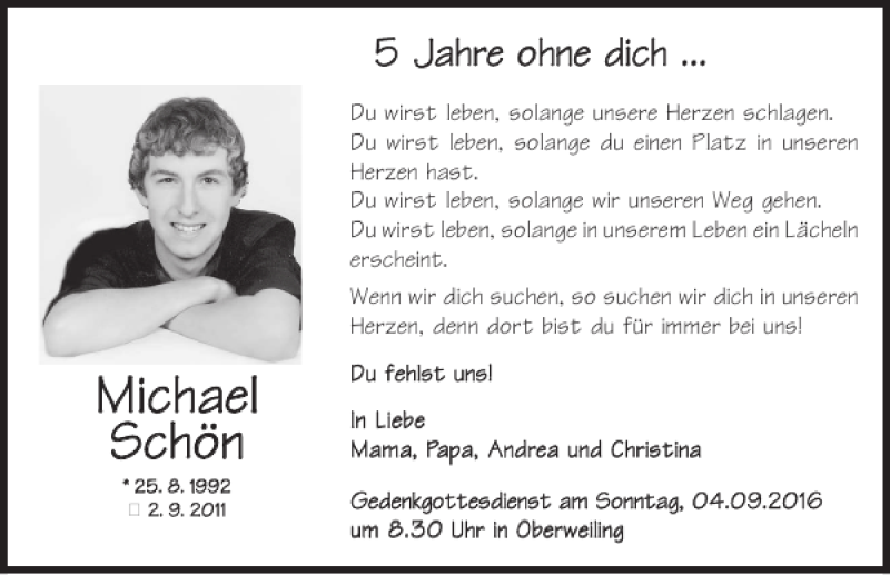  Traueranzeige für Michael Schön vom 02.09.2016 aus Neumarkter Tagblatt