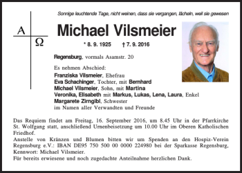 Traueranzeige von Michael Vilsmeier von Mittelbayerische Zeitung Regensburg