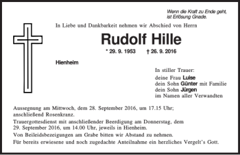 Traueranzeige von Rudolf Hille von Mittelbayerische Zeitung Kelheim