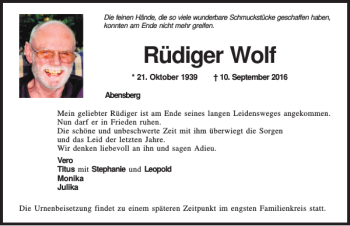 Traueranzeige von Rüdiger Wolf von Mittelbayerische Zeitung Kelheim