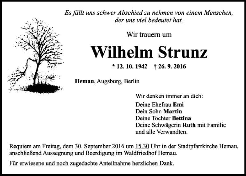  Traueranzeige für Wilhelm Strunz vom 28.09.2016 aus Mittelbayerische Zeitung Regensburg