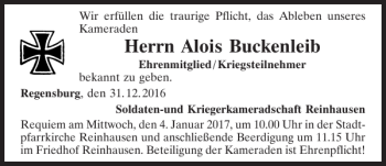 Traueranzeige von Alois Buckenleib von Mittelbayerische Zeitung Regensburg