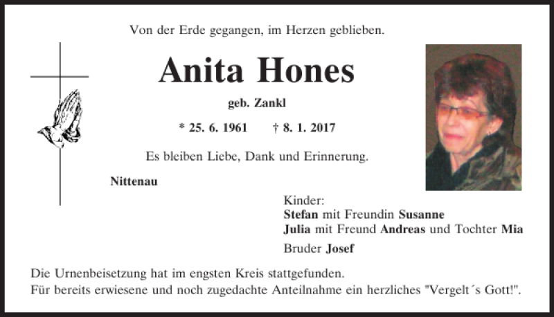  Traueranzeige für Anita Hones vom 14.01.2017 aus Mittelbayerische Zeitung Schwandorf