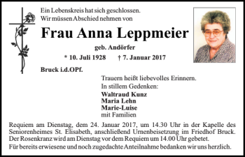 Traueranzeige von Anna Leppmeier von Mittelbayerische Zeitung Schwandorf