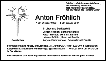 Traueranzeige von Anton Fröhlich von Mittelbayerische Zeitung Regensburg