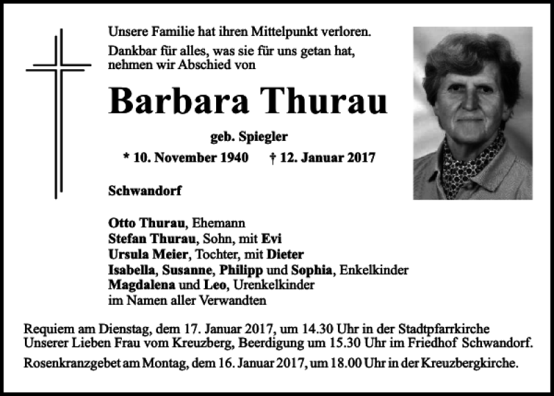  Traueranzeige für Barbara Thurau vom 14.01.2017 aus Mittelbayerische Zeitung Schwandorf