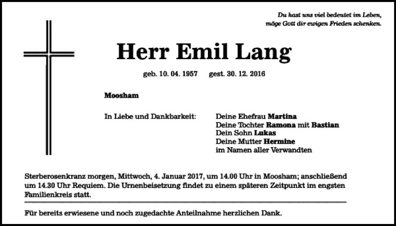 Traueranzeigen von Emil Lang Mittelbayerische Trauer