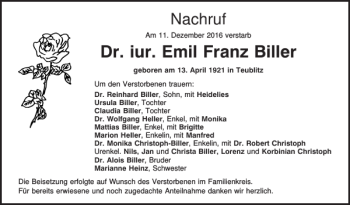 Traueranzeige von Emil Franz Biller von Mittelbayerische Zeitung Schwandorf