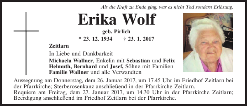  Traueranzeige für Erika Wolf vom 25.01.2017 aus Mittelbayerische Zeitung Regensburg