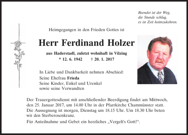 Traueranzeigen von Ferdinand Holzer | Mittelbayerische Trauer