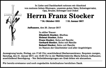 Traueranzeige von Franz Stocker von Mittelbayerische Zeitung Regensburg