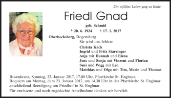 Traueranzeige von Friedl Gnad von Mittelbayerische Zeitung Regensburg